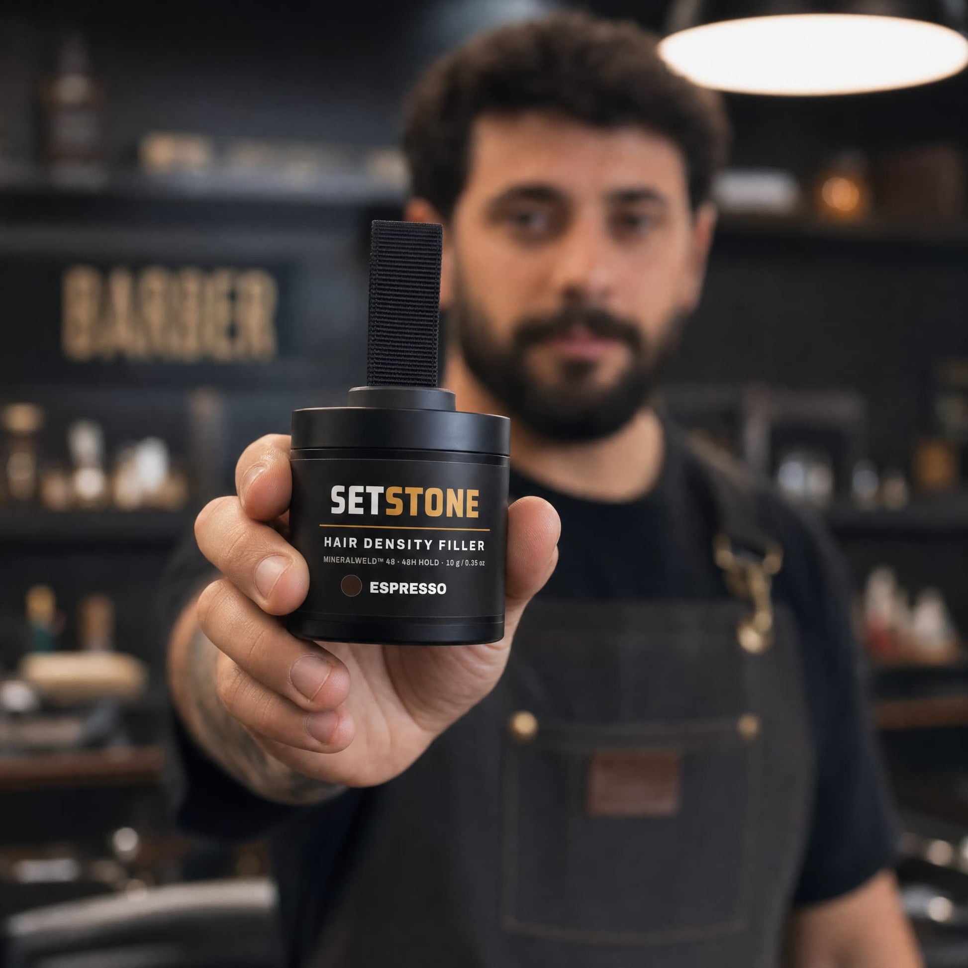 Man in a barber shop holding a 'Setstone' product